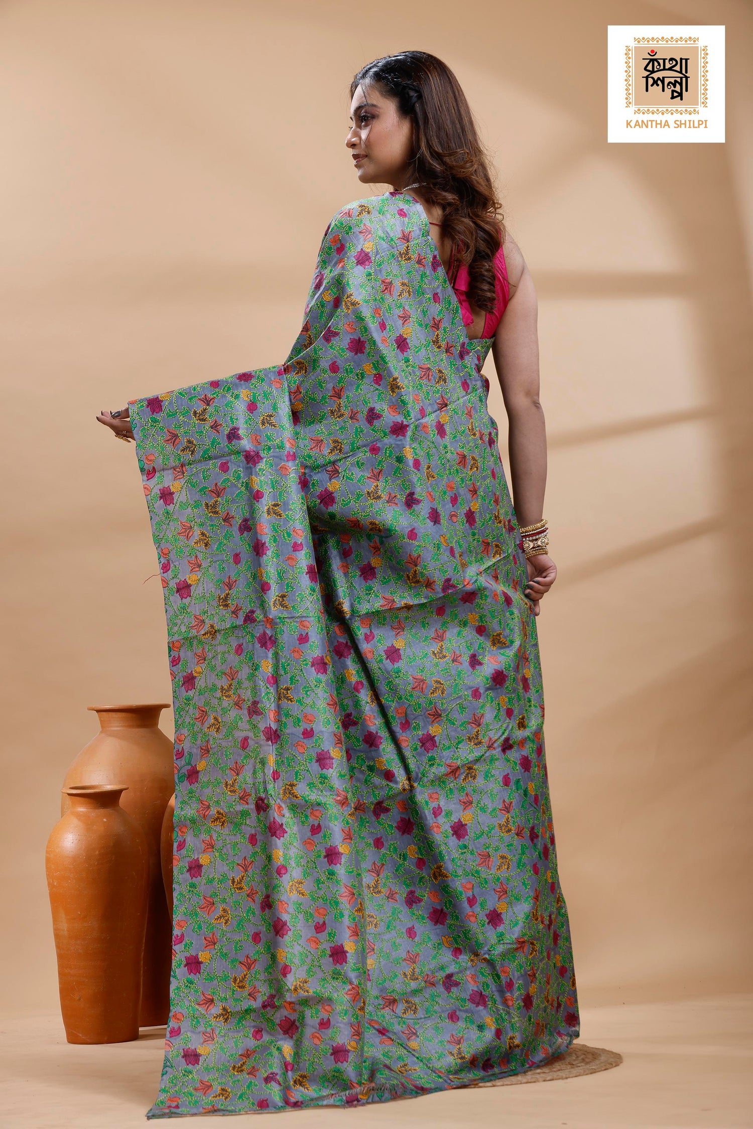 Pure Gachi Dye Tussar Multicolor Thread Work Kantha Stitch Saree