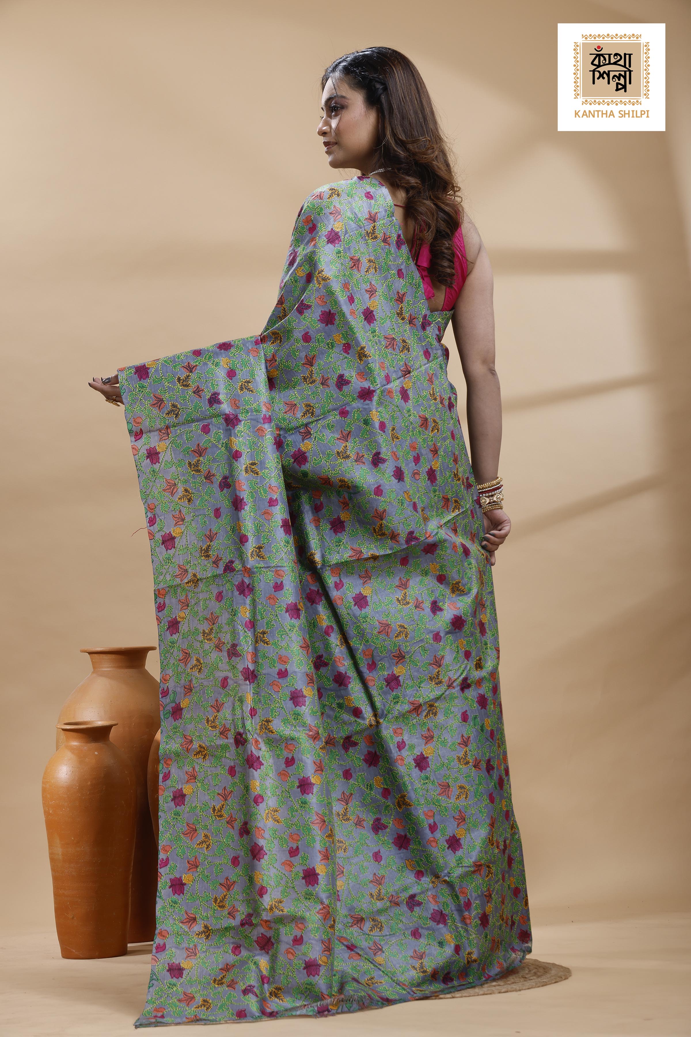 Pure Gachi Dye Tussar Multicolor Thread Work Kantha Stitch Saree