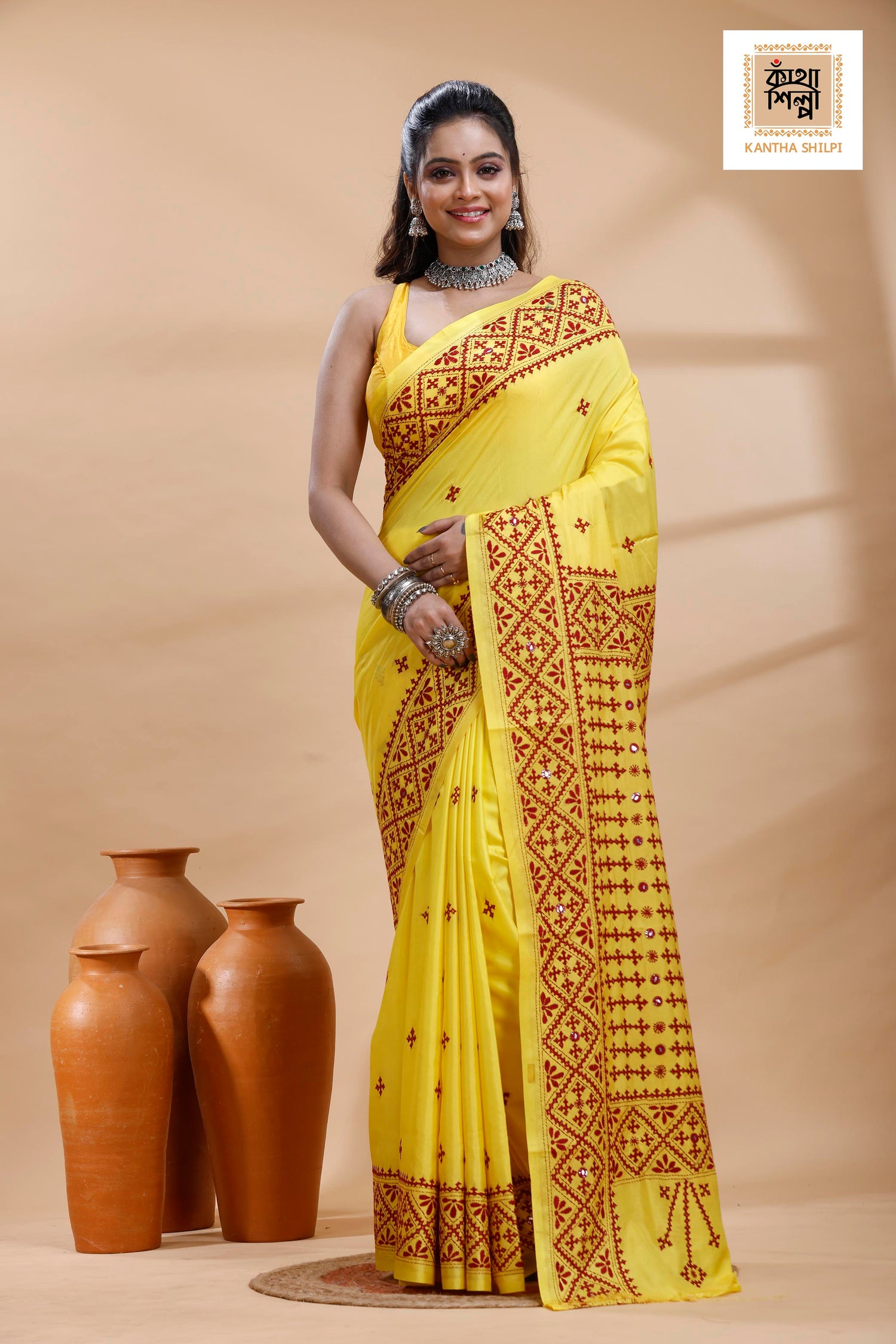 Yellow Bangalore Silk Maroon color Thread Work Gujrati Stitch Saree
