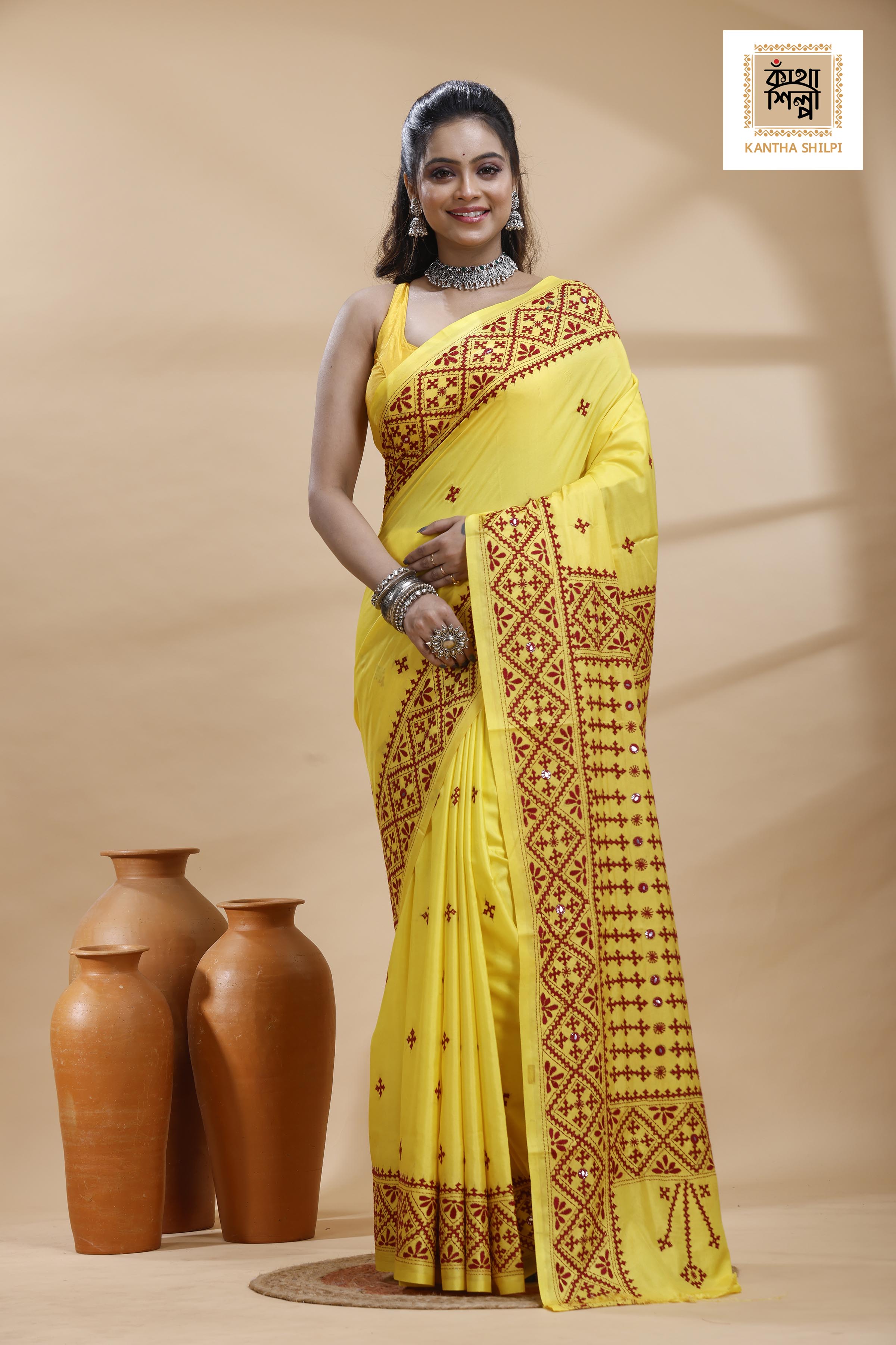 Yellow Bangalore Silk Maroon color Thread Work Gujrati Stitch Saree