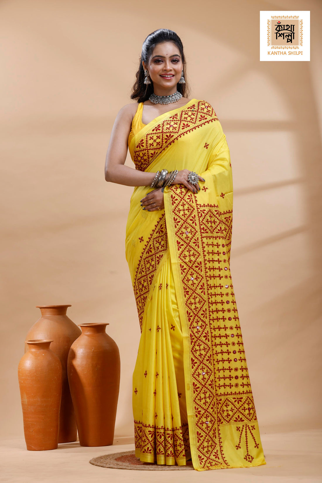 Yellow Bangalore Silk Maroon color Thread Work Gujrati Stitch Saree