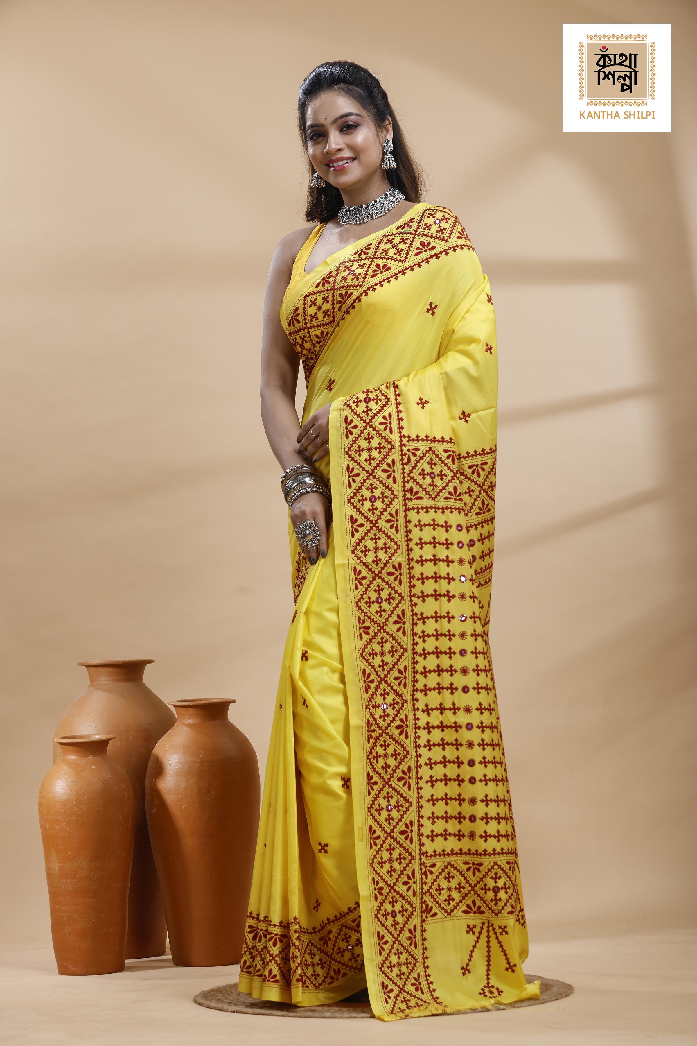 Yellow Bangalore Silk Maroon color Thread Work Gujrati Stitch Saree