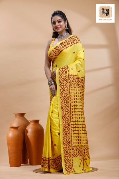 Yellow Bangalore Silk Maroon color Thread Work Gujrati Stitch Saree
