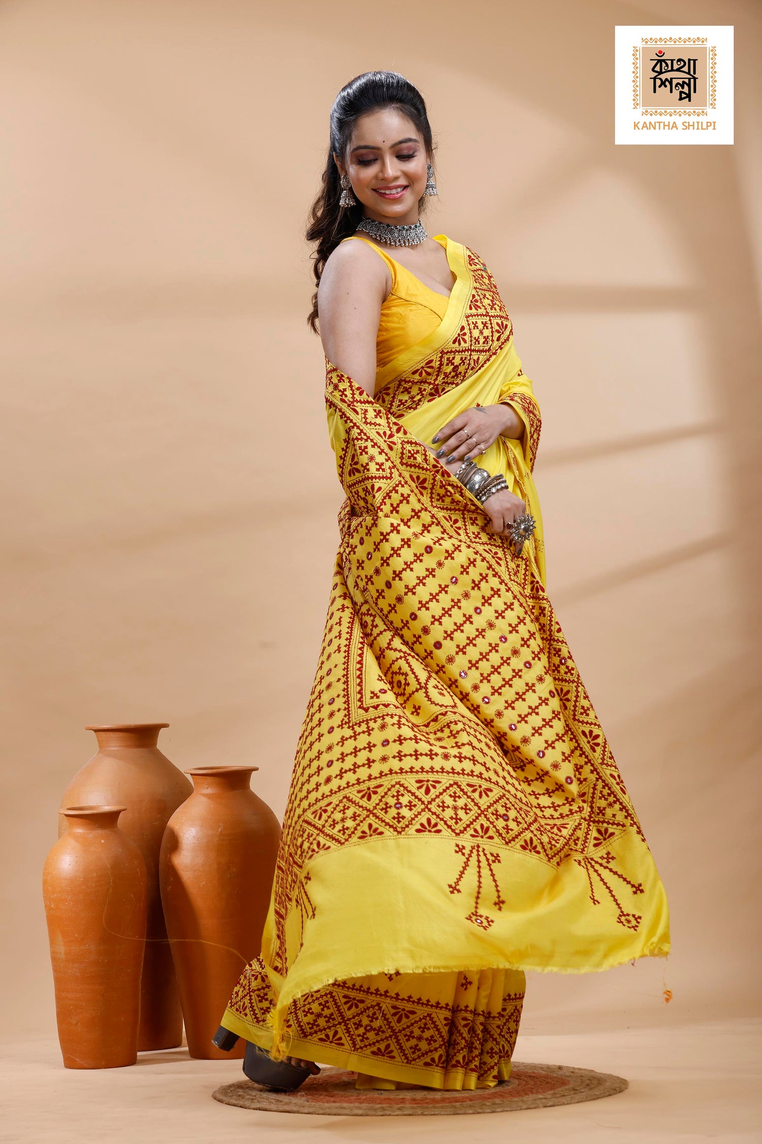 Yellow Bangalore Silk Maroon color Thread Work Gujrati Stitch Saree