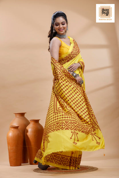 Yellow Bangalore Silk Maroon color Thread Work Gujrati Stitch Saree