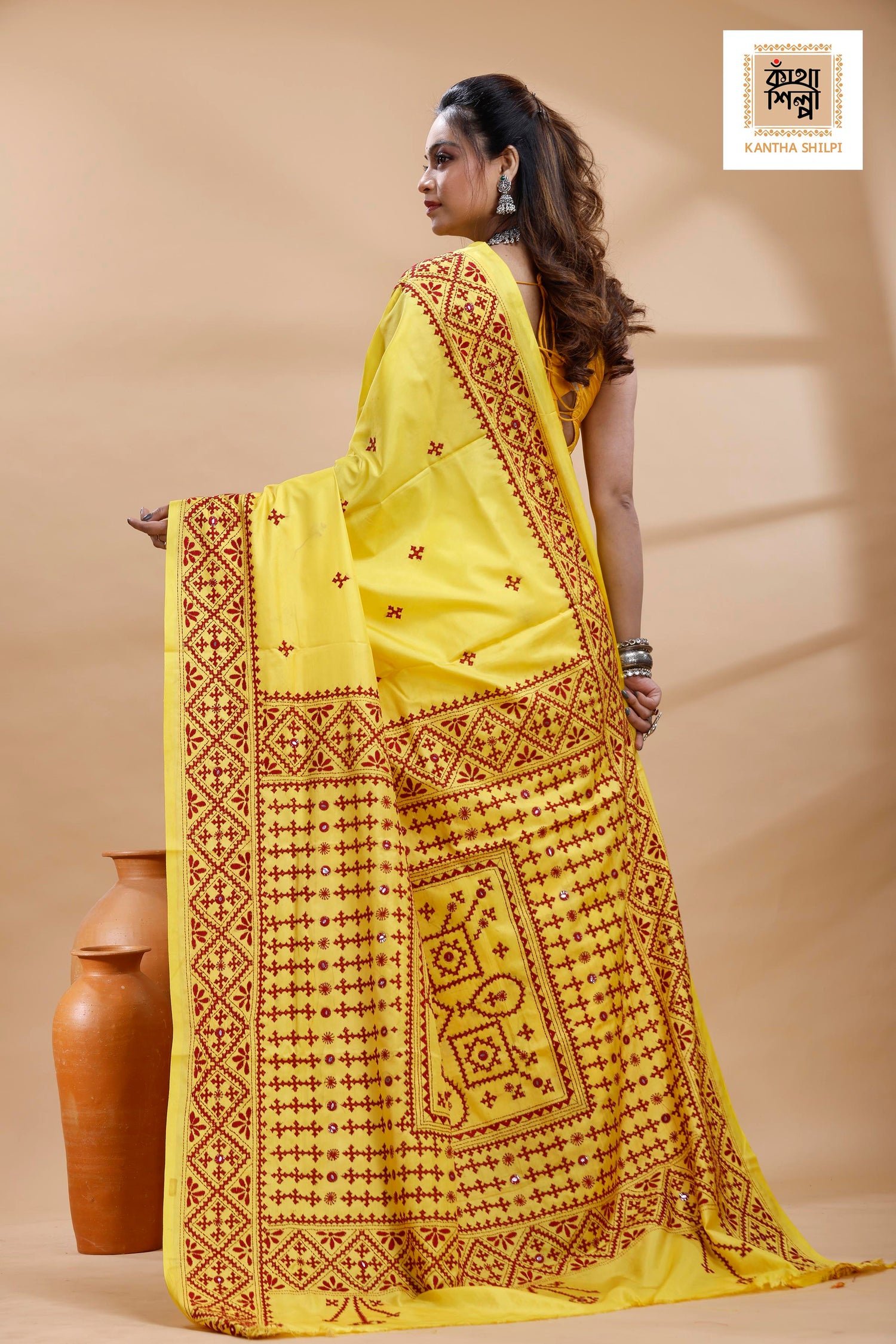 Yellow Bangalore Silk Maroon color Thread Work Gujrati Stitch Saree