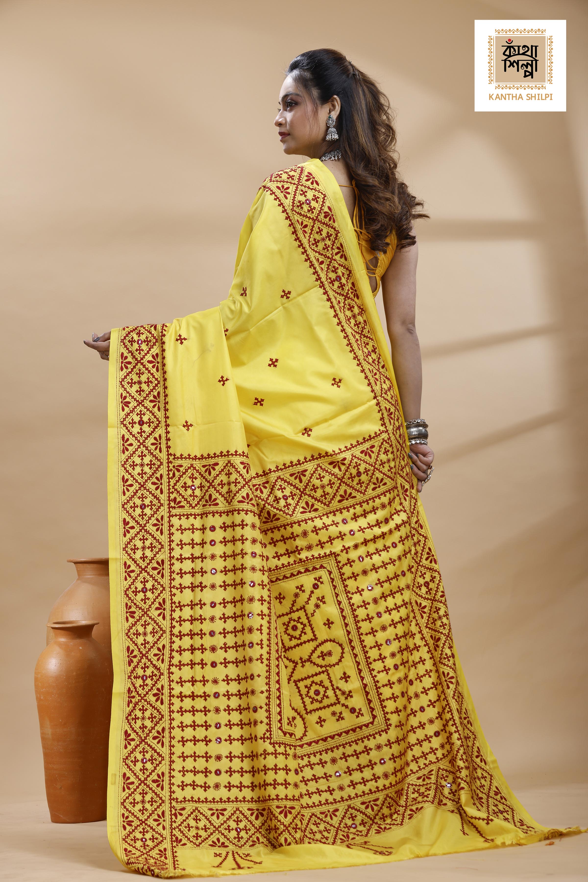 Yellow Bangalore Silk Maroon color Thread Work Gujrati Stitch Saree