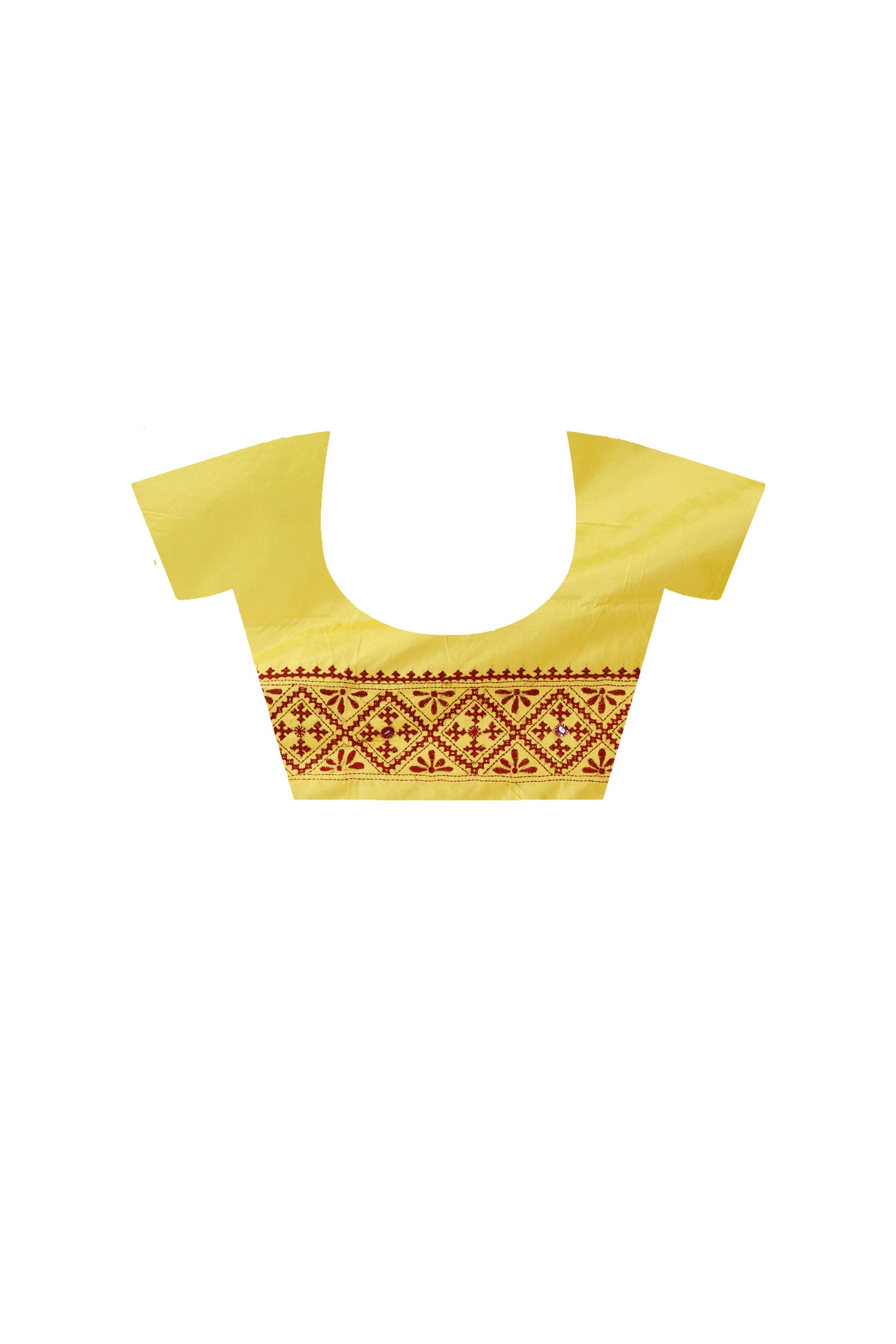 Yellow Bangalore Silk Maroon color Thread Work Gujrati Stitch Saree