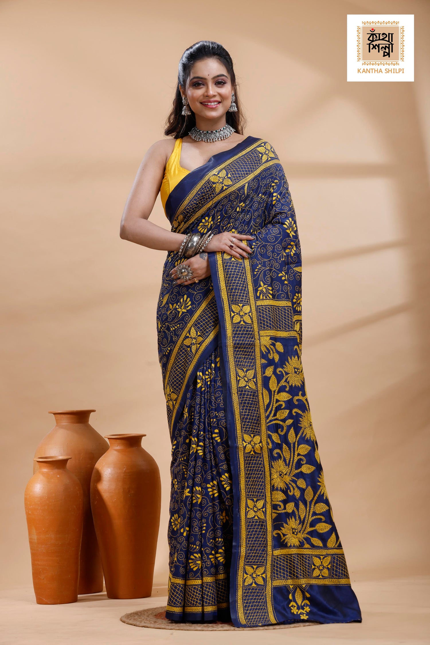 Blue Color Bangalore Silk Yellow Color Thread Work Kantha Stitch Saree