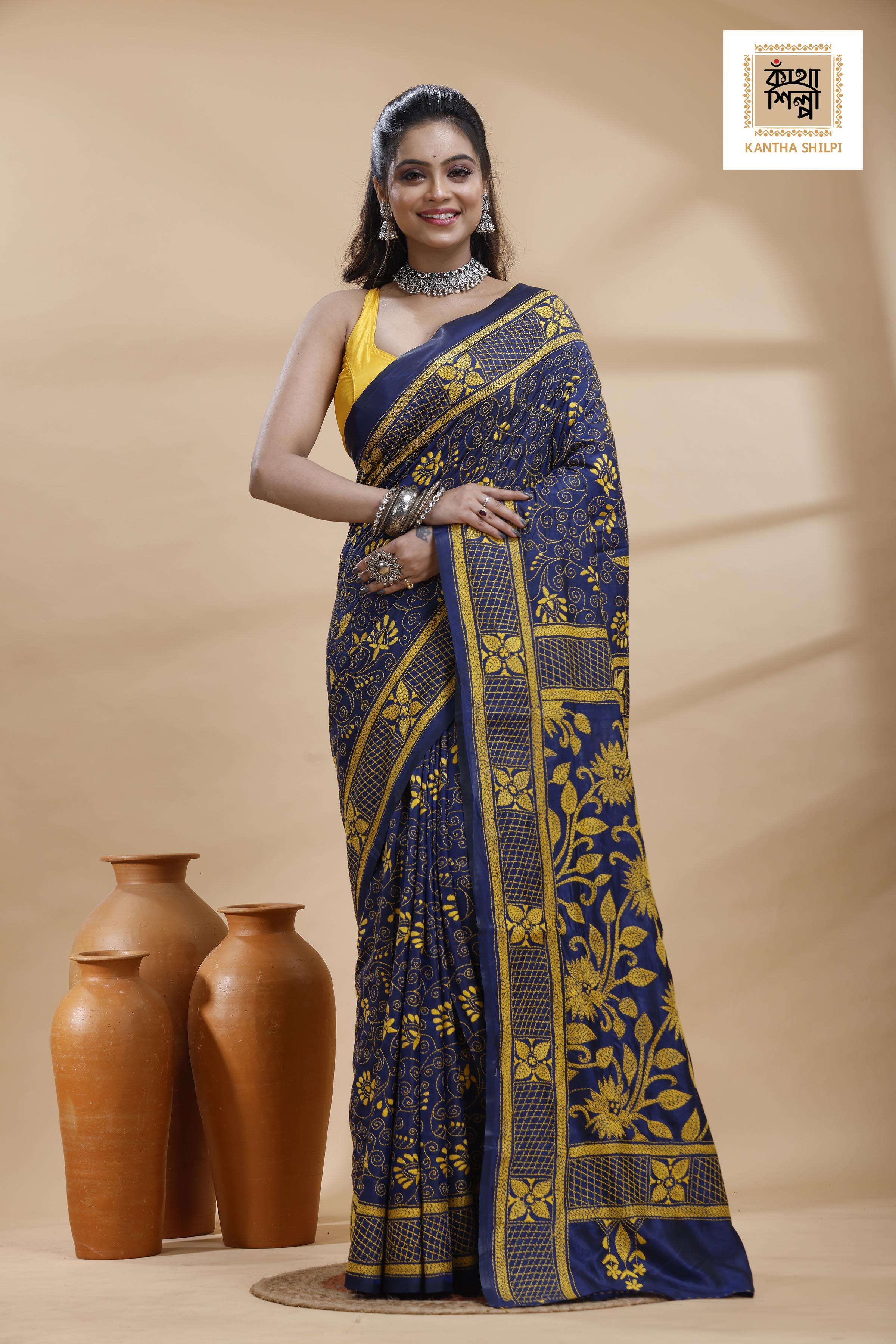 Blue Color Bangalore Silk Yellow Color Thread Work Kantha Stitch Saree