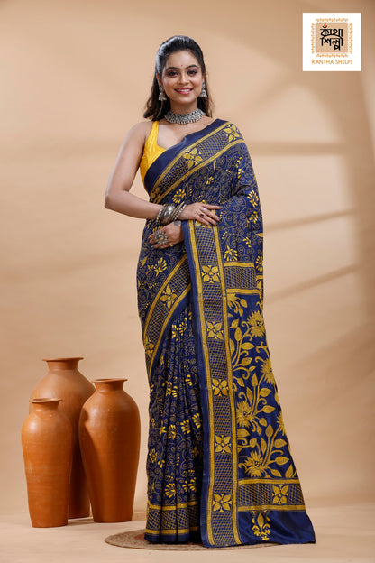 Blue Color Bangalore Silk Yellow Color Thread Work Kantha Stitch Saree