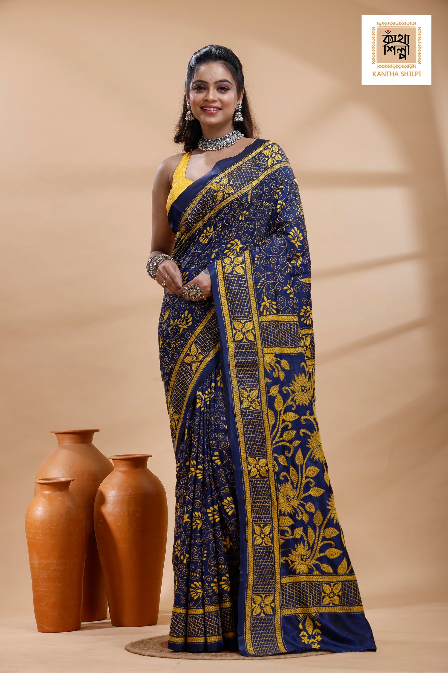 Blue Color Bangalore Silk Yellow Color Thread Work Kantha Stitch Saree