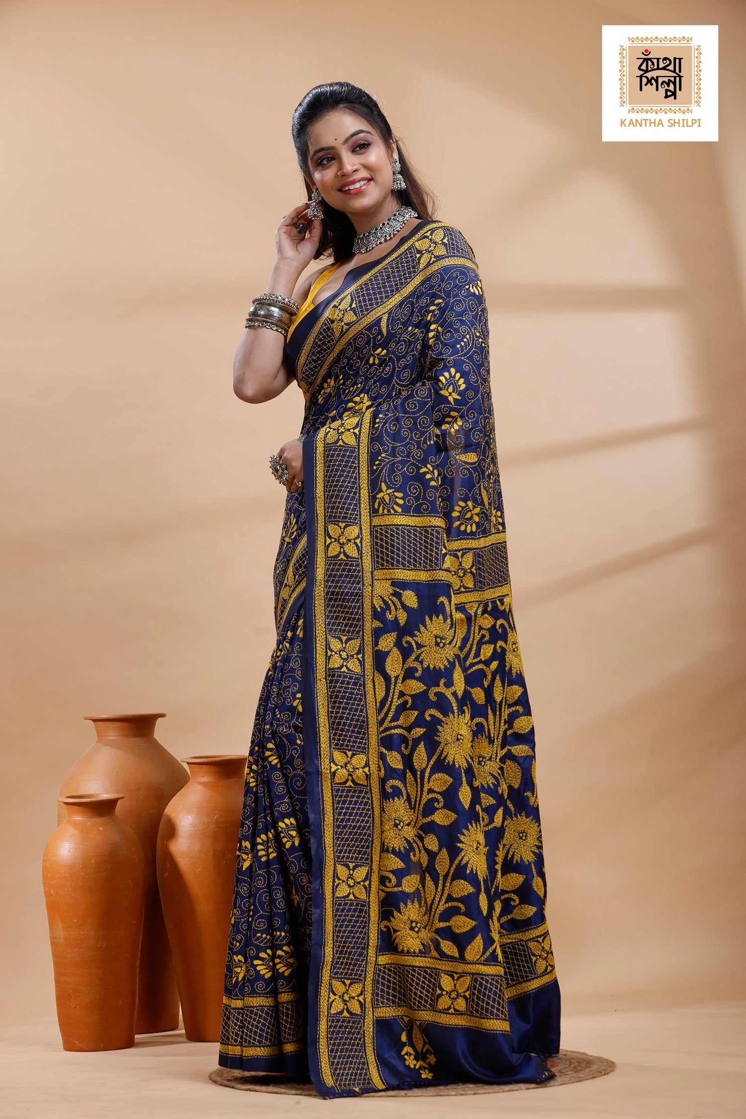 Blue Color Bangalore Silk Yellow Color Thread Work Kantha Stitch Saree