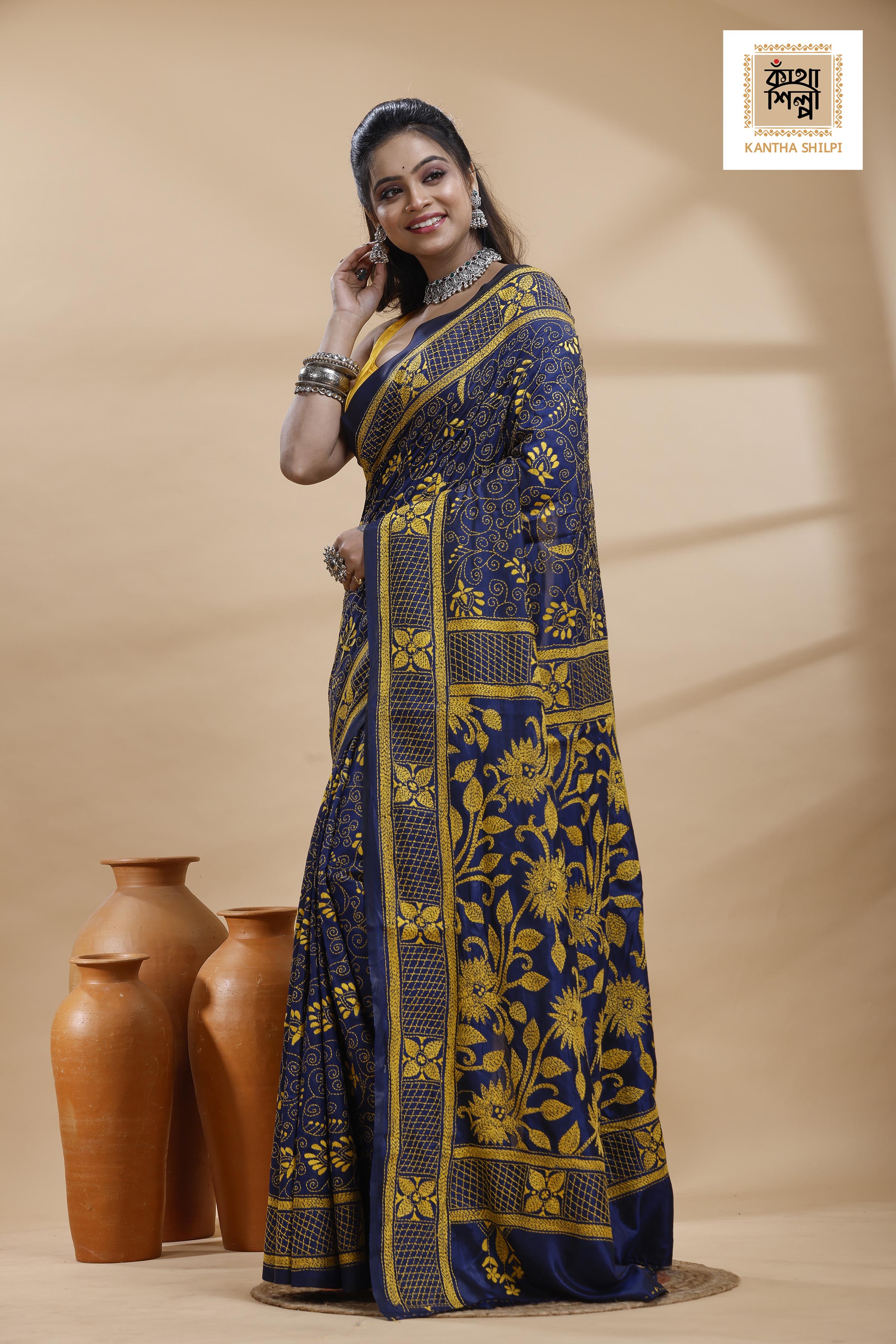 Blue Color Bangalore Silk Yellow Color Thread Work Kantha Stitch Saree