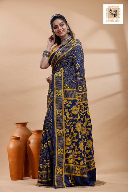 Blue Color Bangalore Silk Yellow Color Thread Work Kantha Stitch Saree