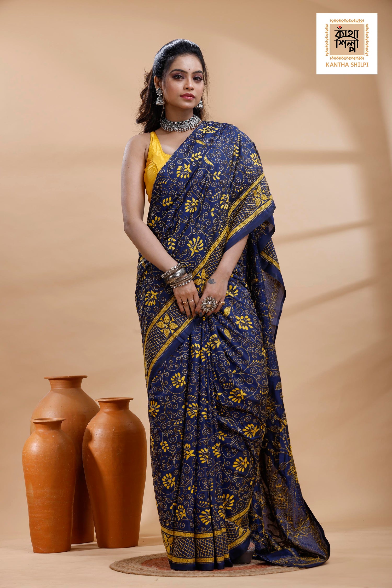 Blue Color Bangalore Silk Yellow Color Thread Work Kantha Stitch Saree