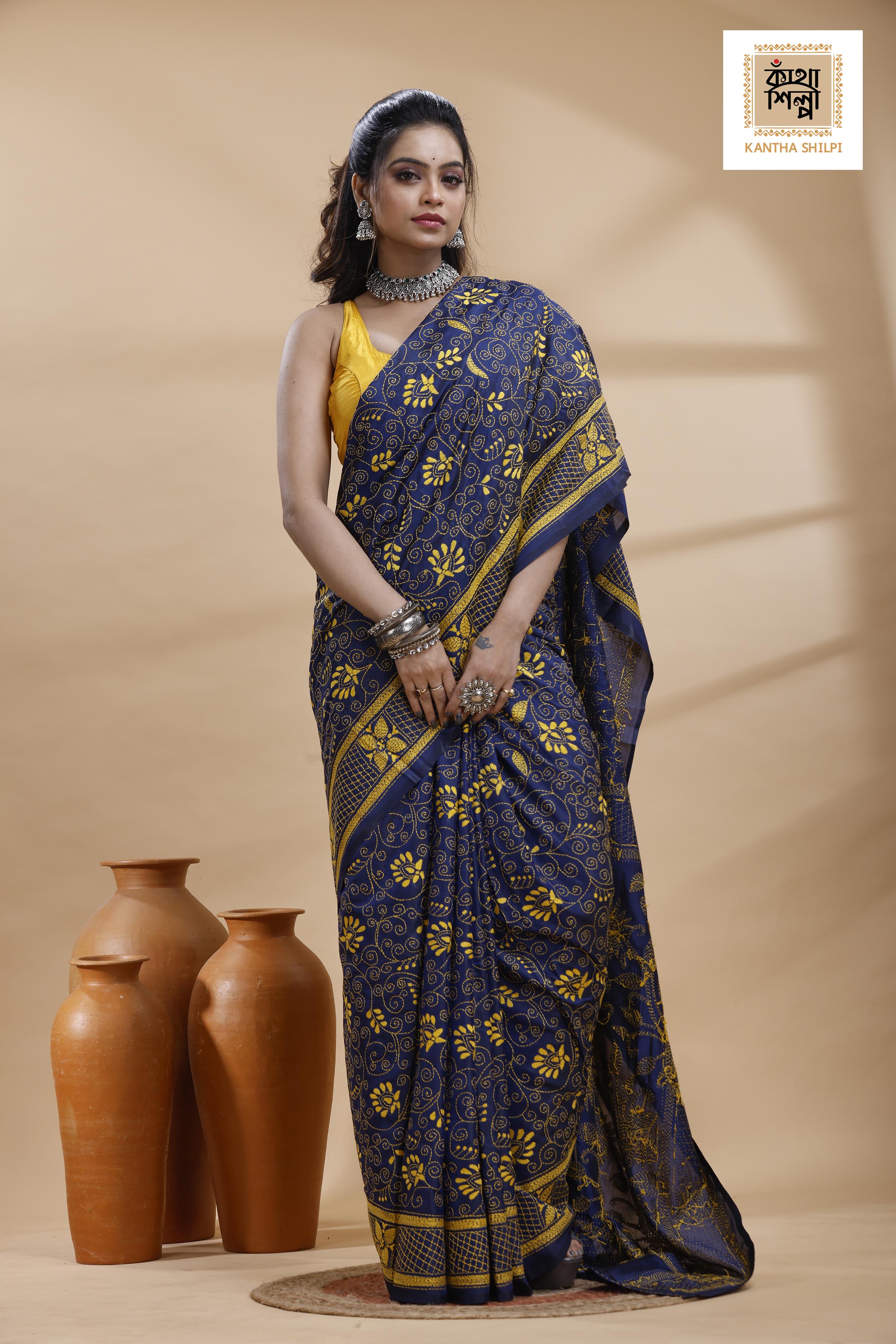Blue Color Bangalore Silk Yellow Color Thread Work Kantha Stitch Saree