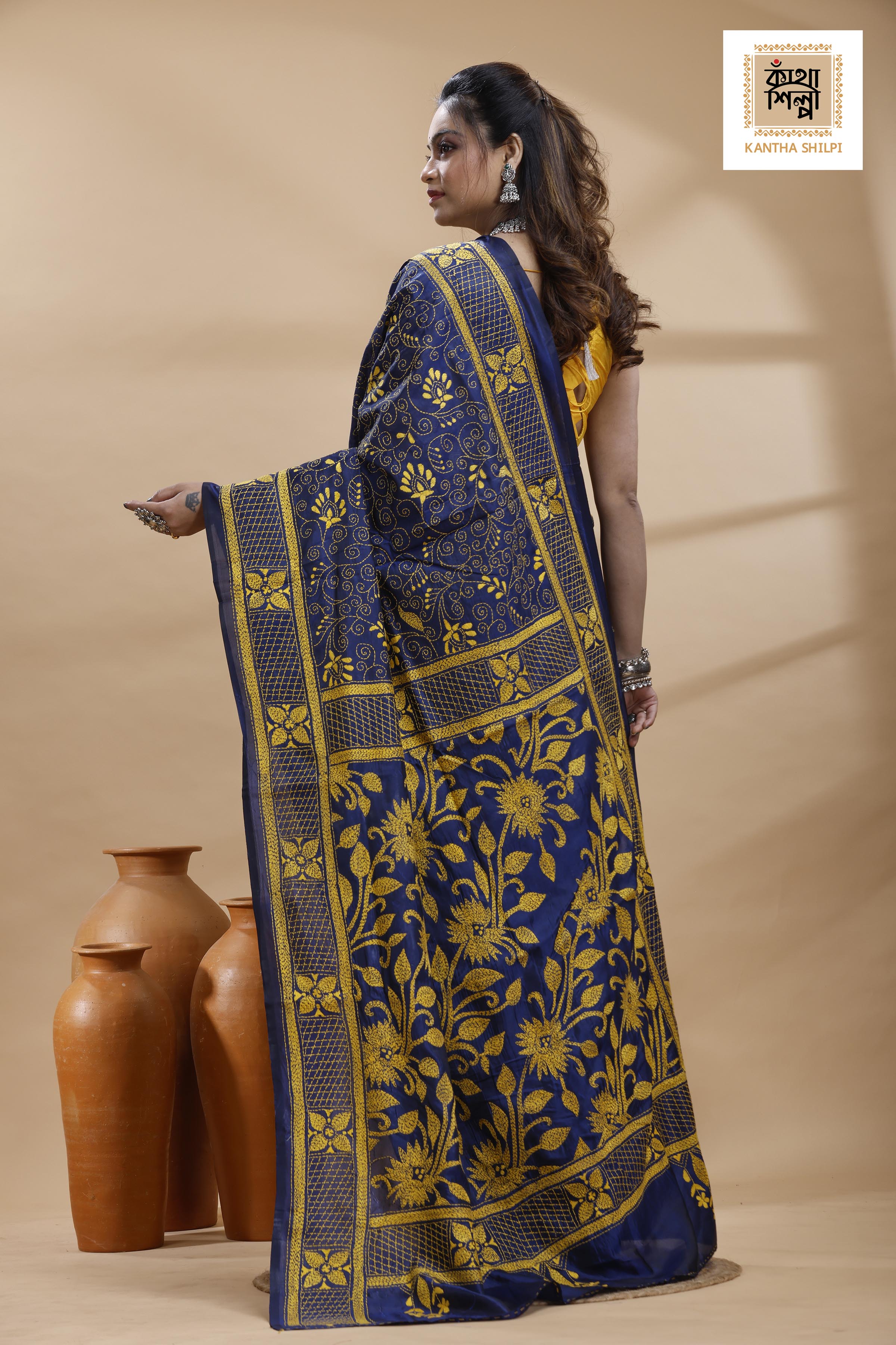 Blue Color Bangalore Silk Yellow Color Thread Work Kantha Stitch Saree