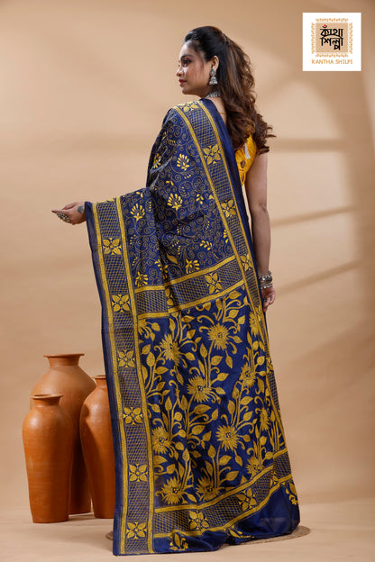 Blue Color Bangalore Silk Yellow Color Thread Work Kantha Stitch Saree