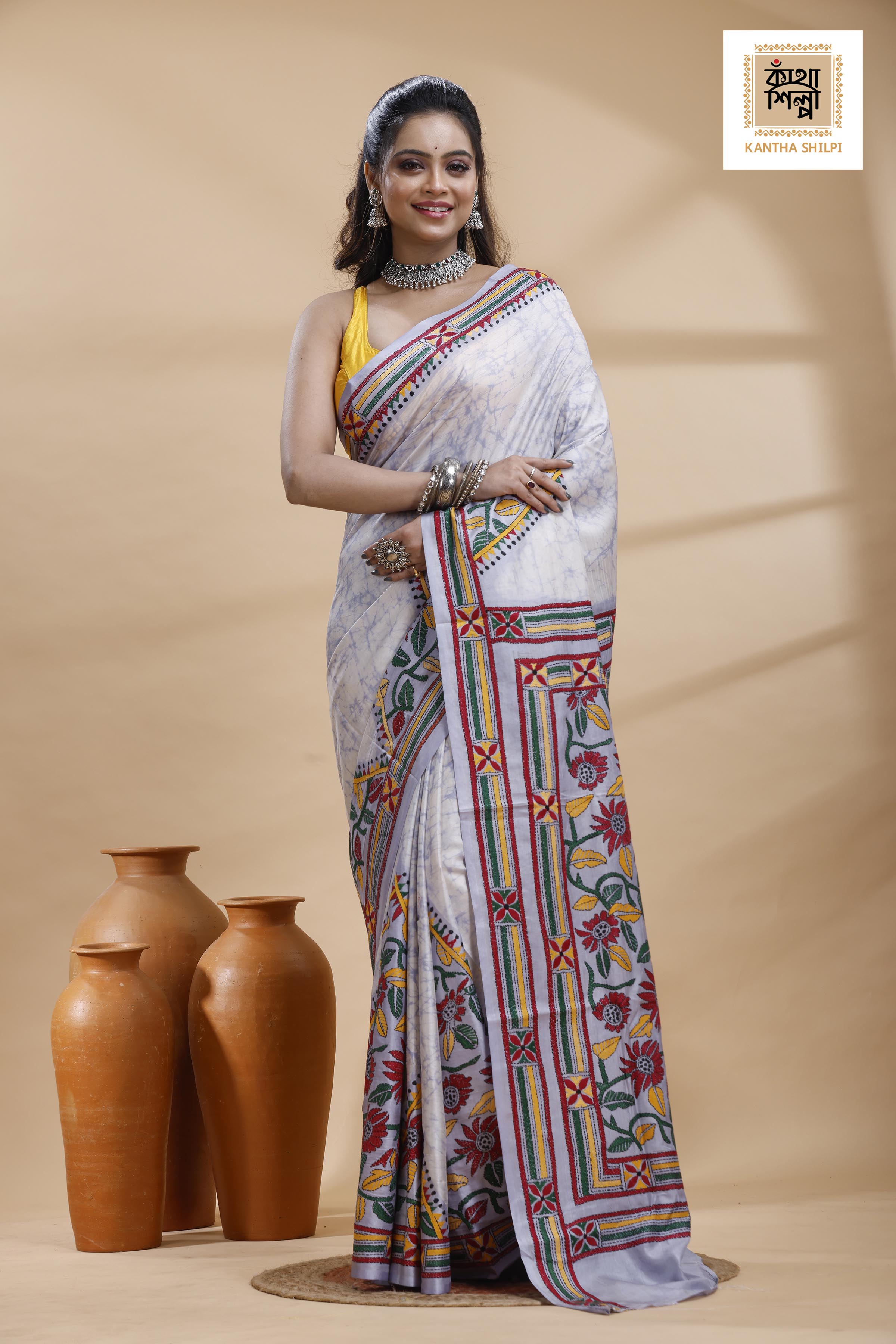 Greyish Blue Color Bangalore Silk Multicolor Thread Work Batik Kantha Stitch Saree
