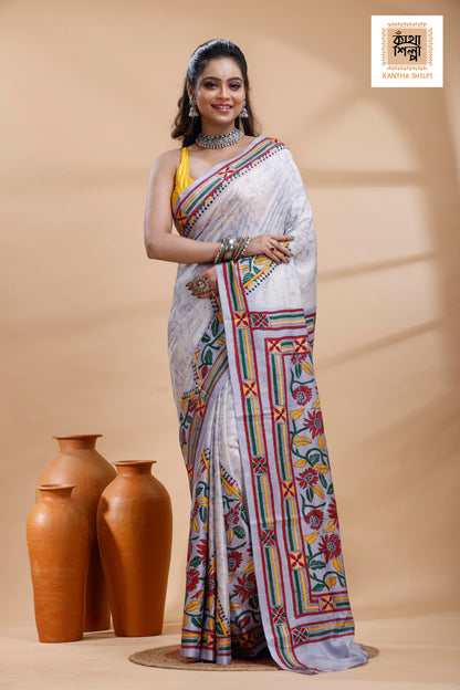 Greyish Blue Color Bangalore Silk Multicolor Thread Work Batik Kantha Stitch Saree