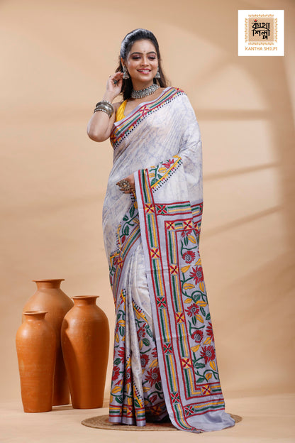 Greyish Blue Color Bangalore Silk Multicolor Thread Work Batik Kantha Stitch Saree