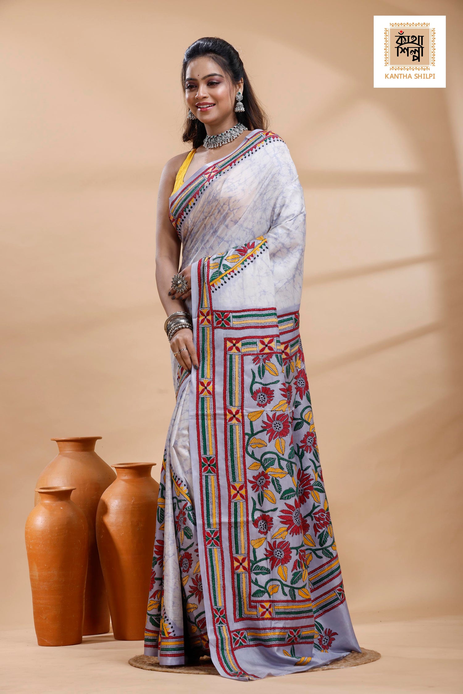 Greyish Blue Color Bangalore Silk Multicolor Thread Work Batik Kantha Stitch Saree