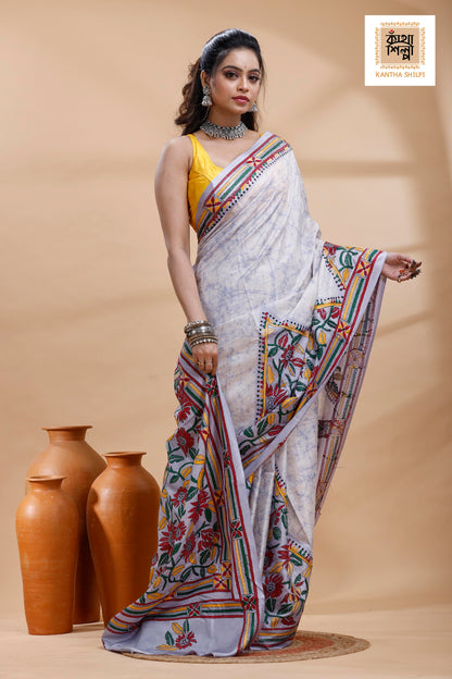 Greyish Blue Color Bangalore Silk Multicolor Thread Work Batik Kantha Stitch Saree
