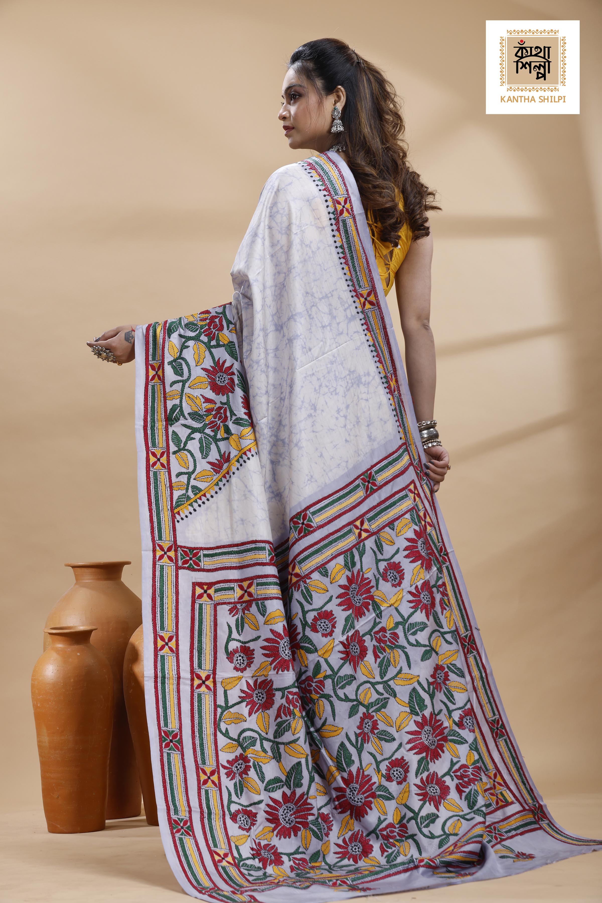 Greyish Blue Color Bangalore Silk Multicolor Thread Work Batik Kantha Stitch Saree