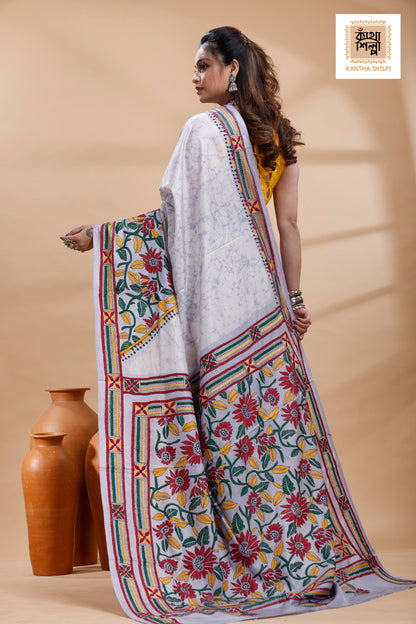 Greyish Blue Color Bangalore Silk Multicolor Thread Work Batik Kantha Stitch Saree