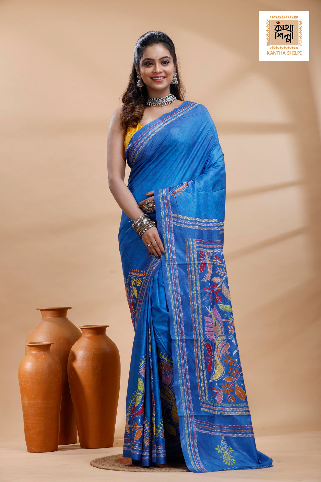 Blue Color Bangalore Silk Multicolor Thread Work Batik Kantha Stitch Saree