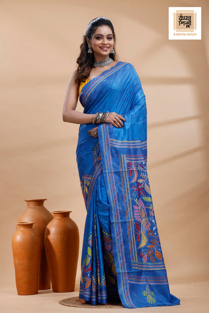 Blue Color Bangalore Silk Multicolor Thread Work Batik Kantha Stitch Saree
