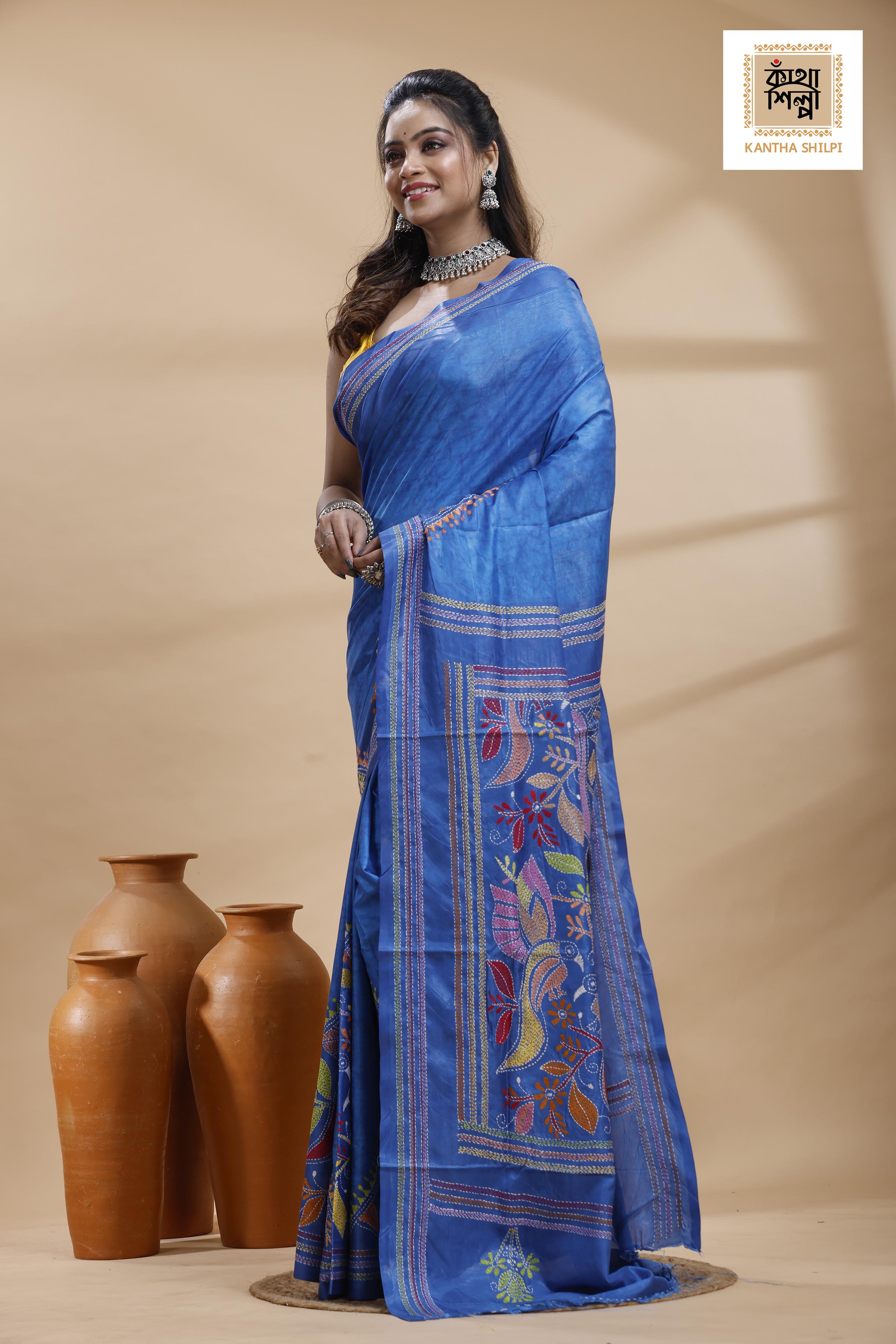 Blue Color Bangalore Silk Multicolor Thread Work Batik Kantha Stitch Saree