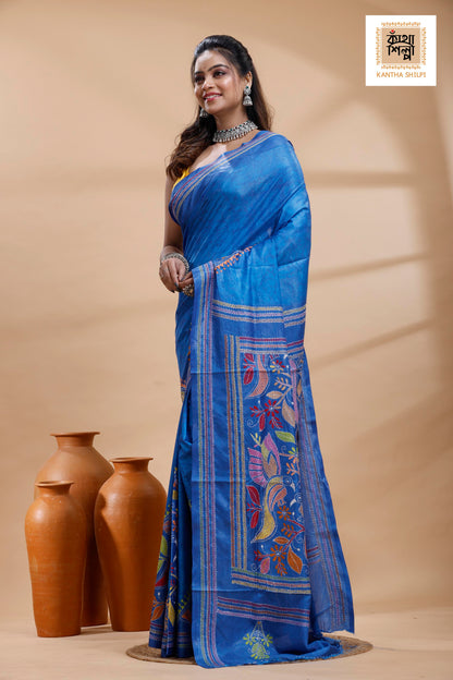 Blue Color Bangalore Silk Multicolor Thread Work Batik Kantha Stitch Saree