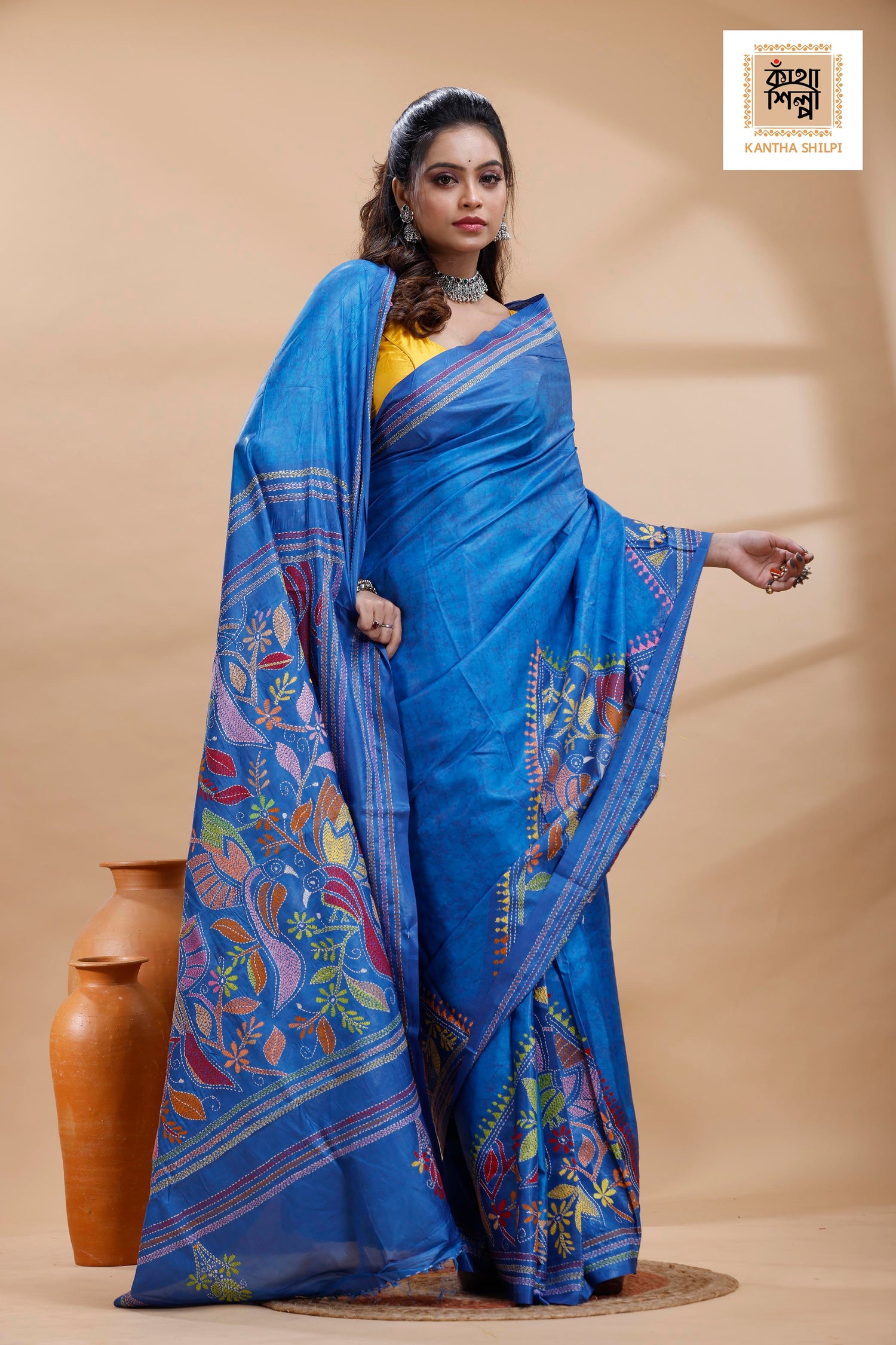 Blue Color Bangalore Silk Multicolor Thread Work Batik Kantha Stitch Saree