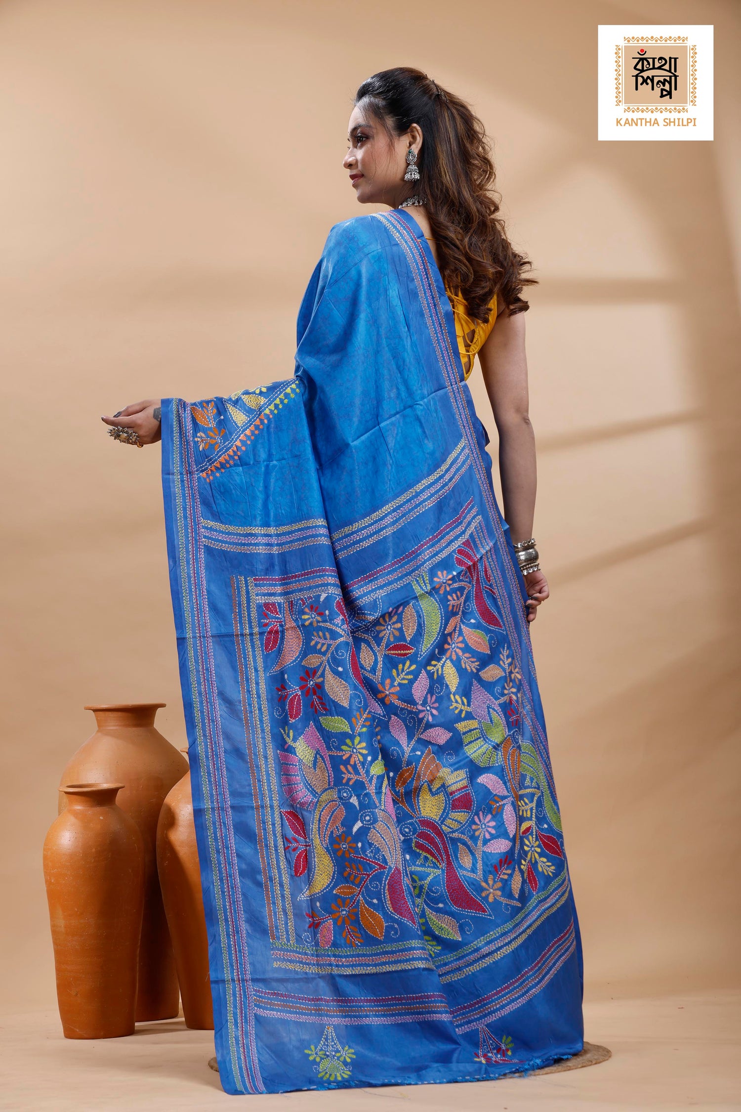 Blue Color Bangalore Silk Multicolor Thread Work Batik Kantha Stitch Saree