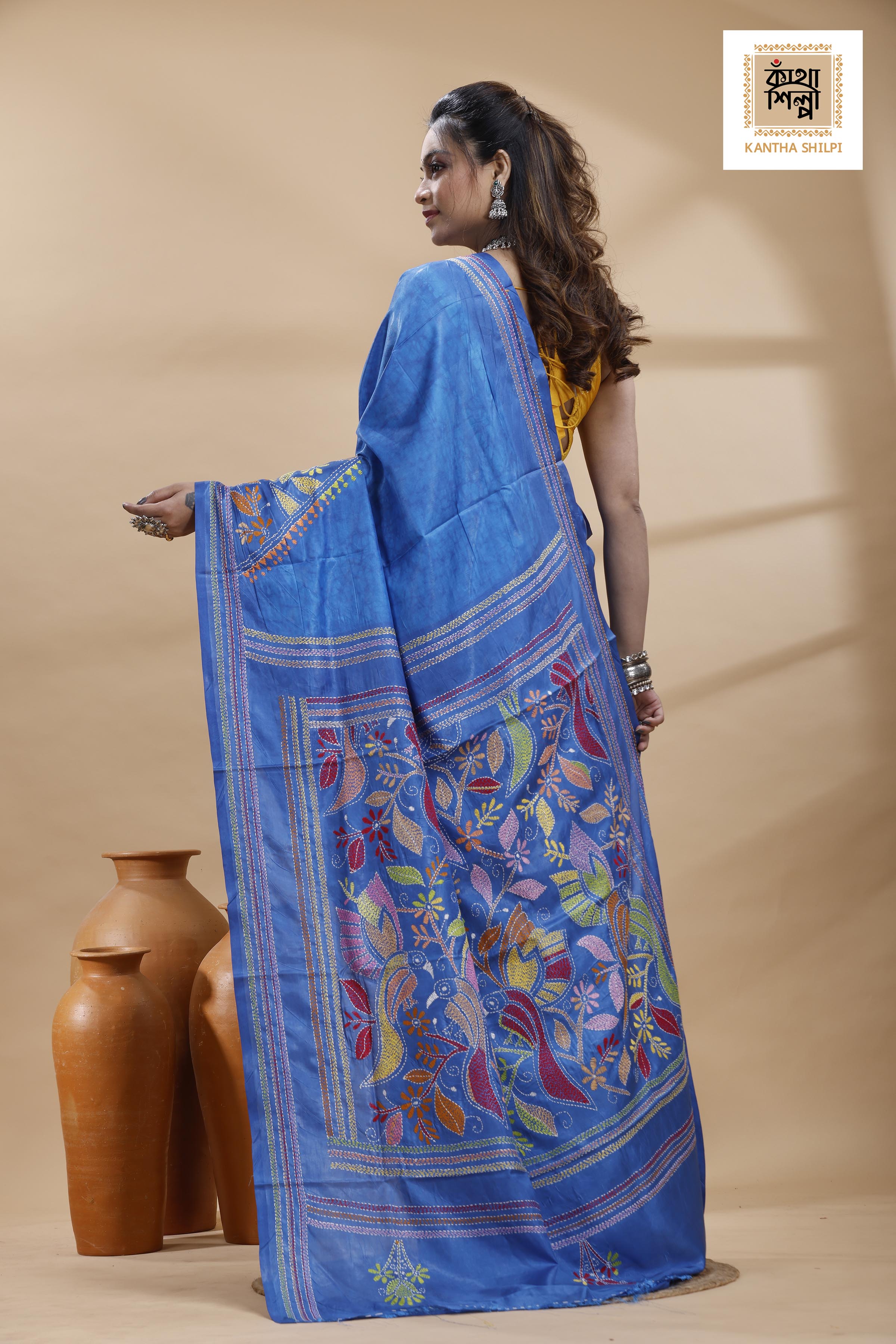Blue Color Bangalore Silk Multicolor Thread Work Batik Kantha Stitch Saree