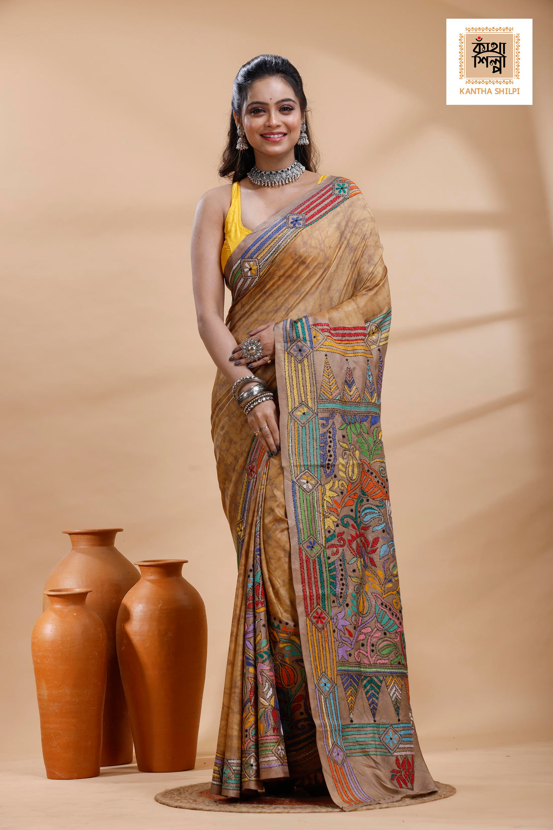 Beige Color Bangalore Silk Multicolor Thread Work Batik Kantha Stitch Saree