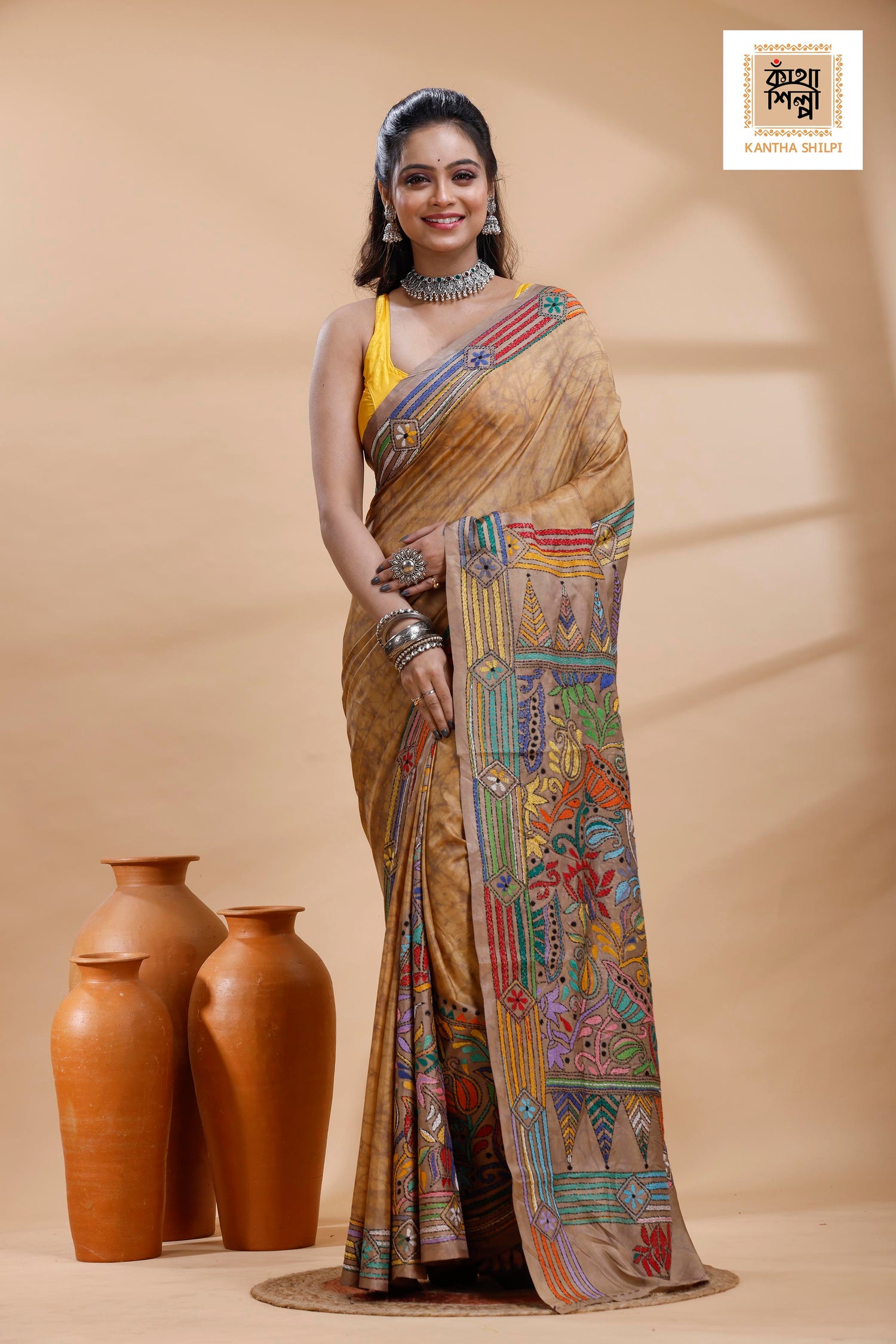 Beige Color Bangalore Silk Multicolor Thread Work Batik Kantha Stitch Saree