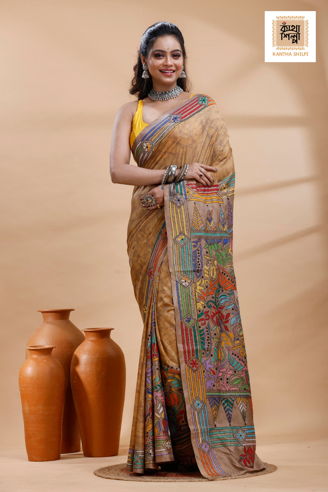Beige Color Bangalore Silk Multicolor Thread Work Batik Kantha Stitch Saree