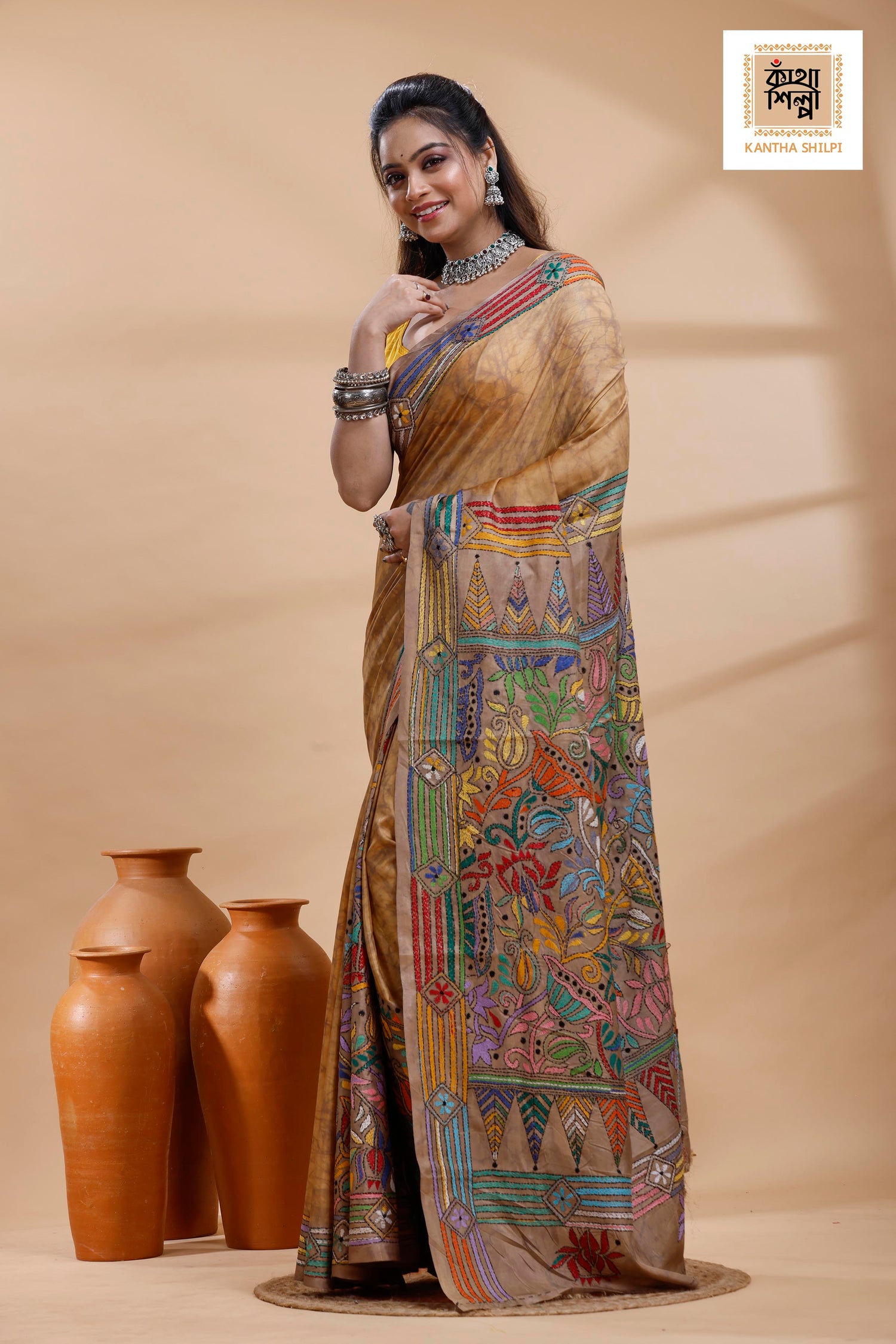 Beige Color Bangalore Silk Multicolor Thread Work Batik Kantha Stitch Saree