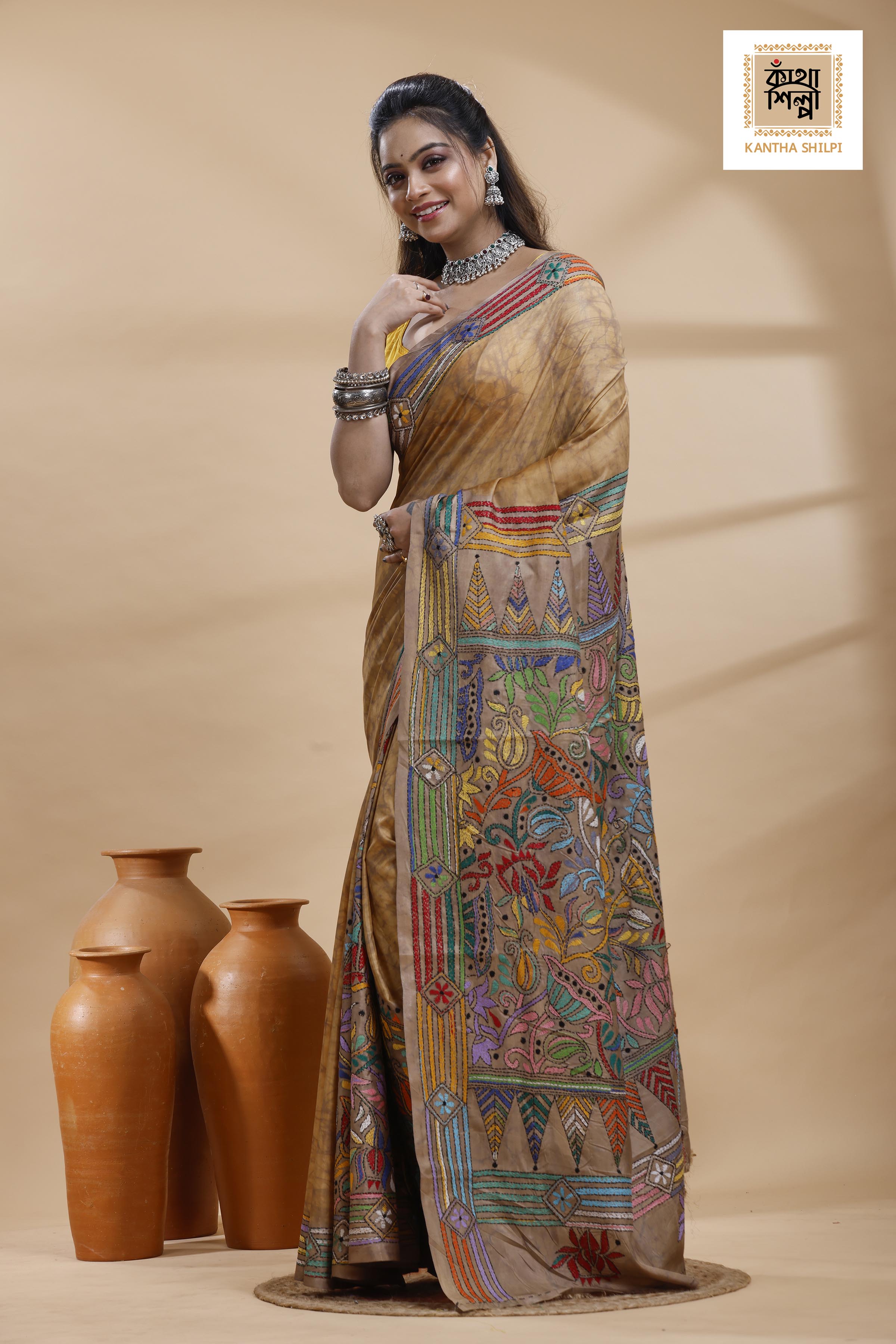 Beige Color Bangalore Silk Multicolor Thread Work Batik Kantha Stitch Saree