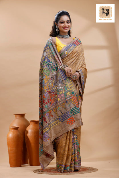 Beige Color Bangalore Silk Multicolor Thread Work Batik Kantha Stitch Saree