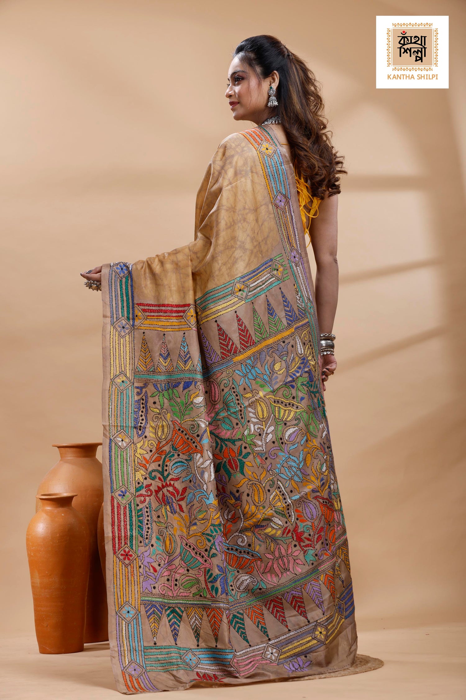 Beige Color Bangalore Silk Multicolor Thread Work Batik Kantha Stitch Saree