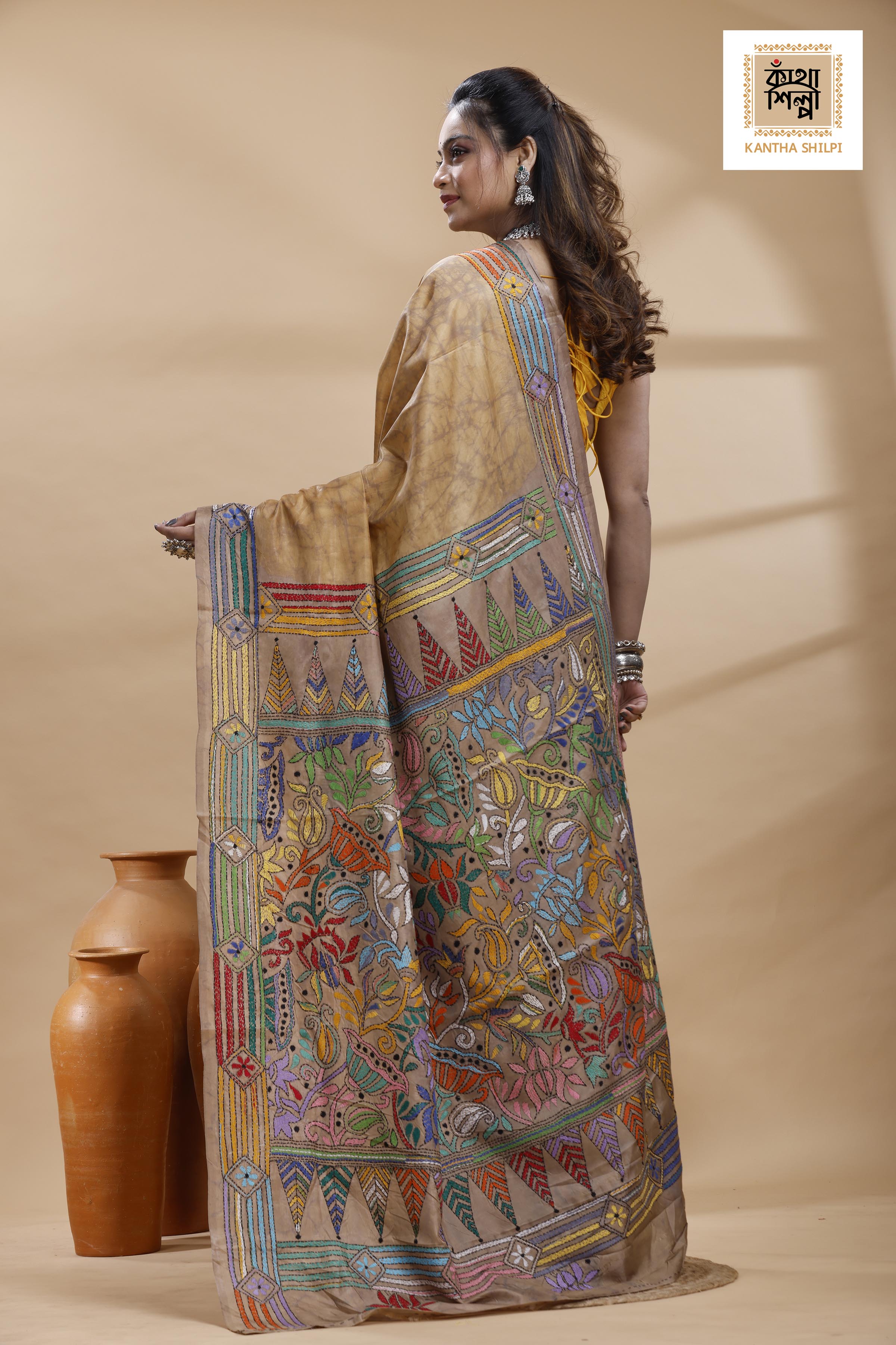 Beige Color Bangalore Silk Multicolor Thread Work Batik Kantha Stitch Saree