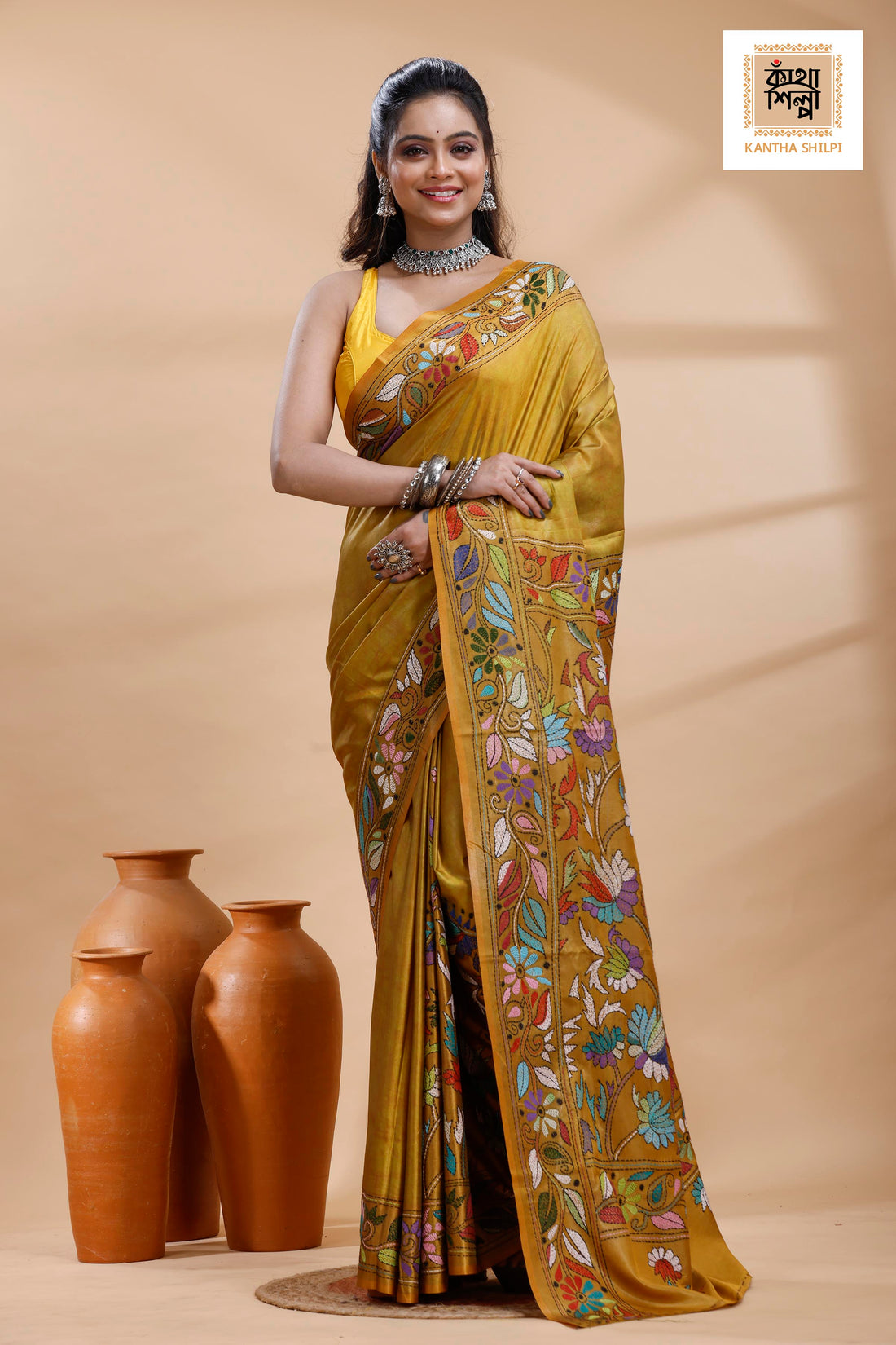 Yellow Color Bangalore Silk Multicolor Thread Work Batik Kantha Stitch Saree