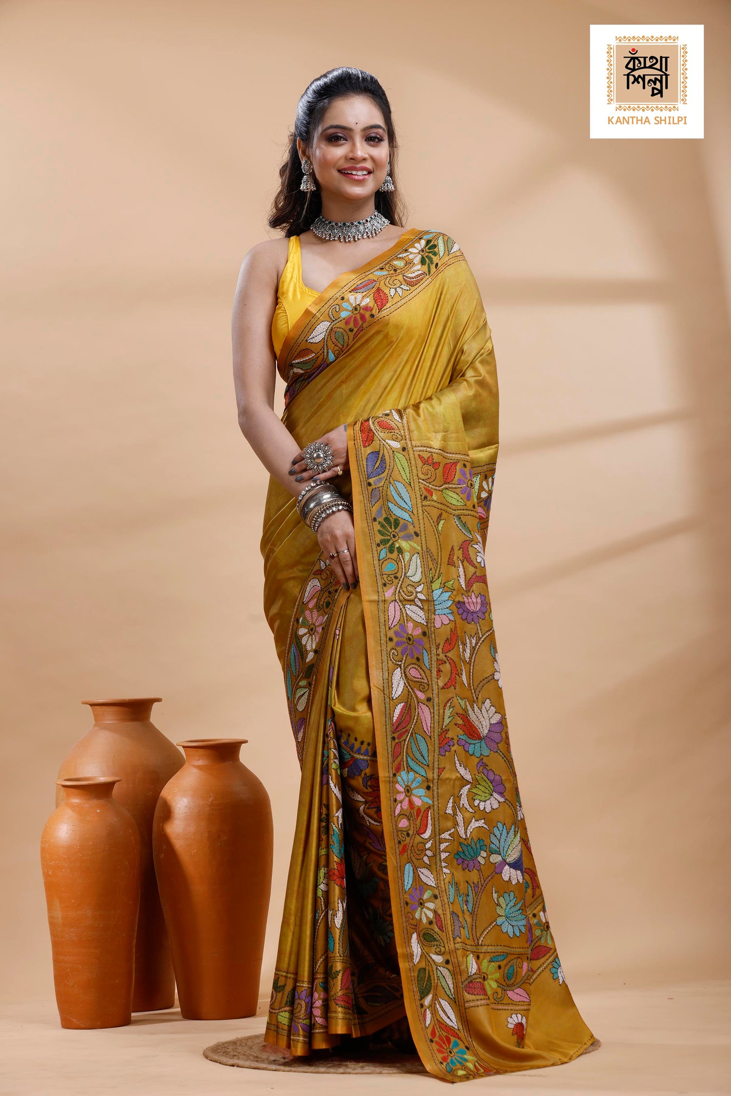 Yellow Color Bangalore Silk Multicolor Thread Work Batik Kantha Stitch Saree