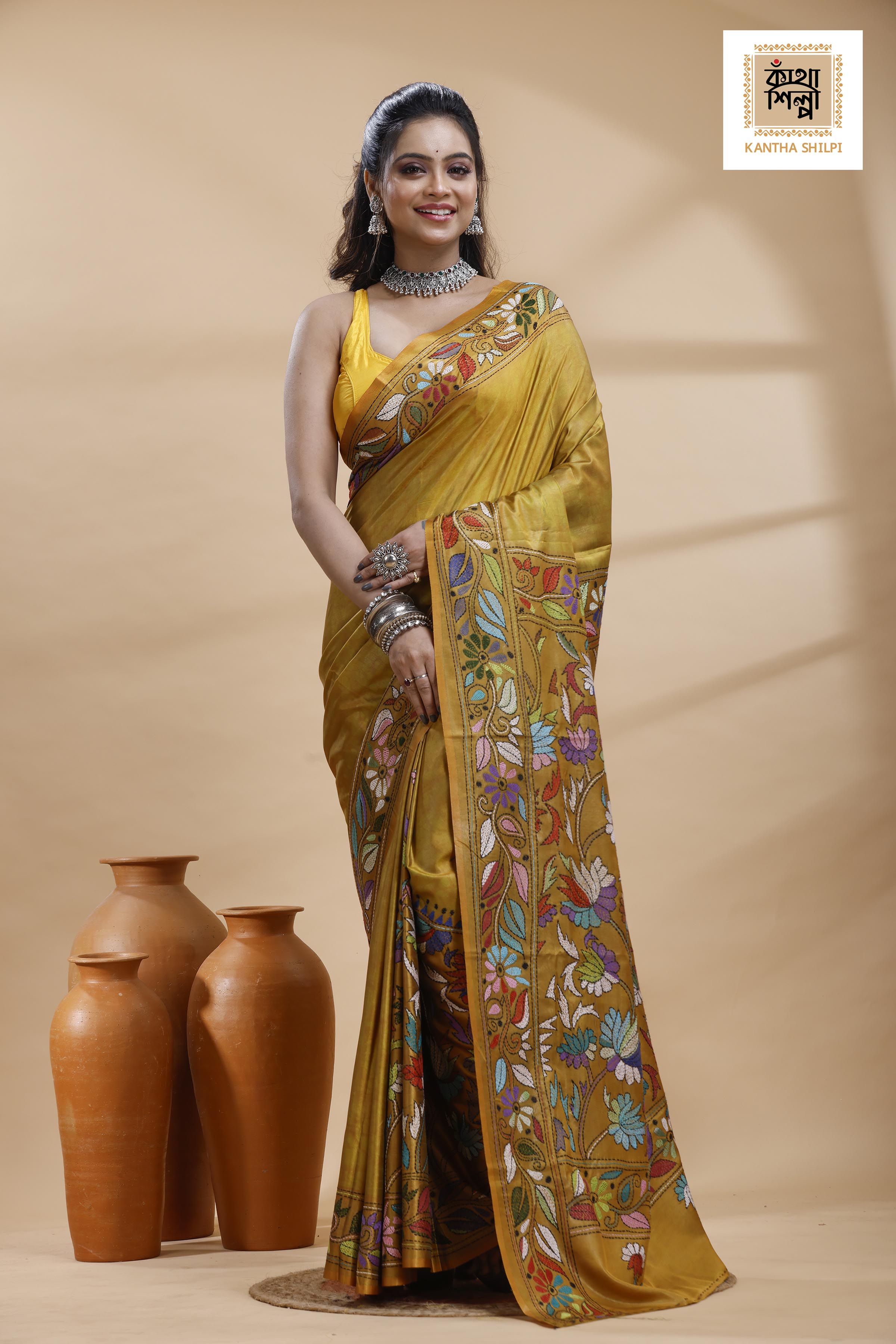 Yellow Color Bangalore Silk Multicolor Thread Work Batik Kantha Stitch Saree
