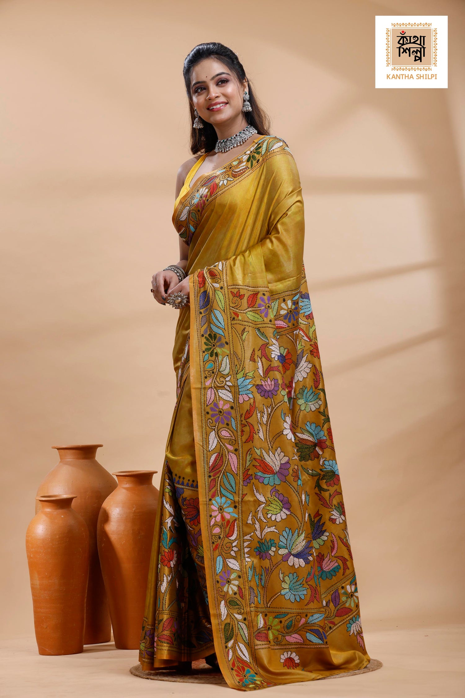 Yellow Color Bangalore Silk Multicolor Thread Work Batik Kantha Stitch Saree