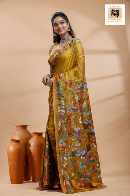Yellow Color Bangalore Silk Multicolor Thread Work Batik Kantha Stitch Saree